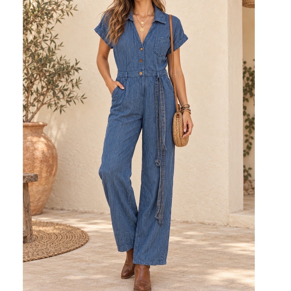 Zara Denim Linen Blend Wide Leg Jumpsuit Blue Short Sleeve Belted Medium d5